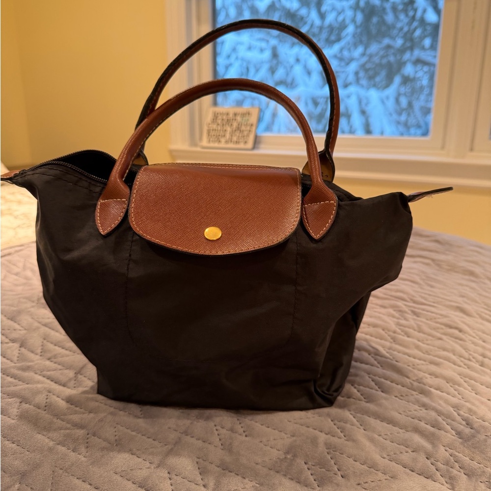 Longchamp Black Tote with Brown Accents